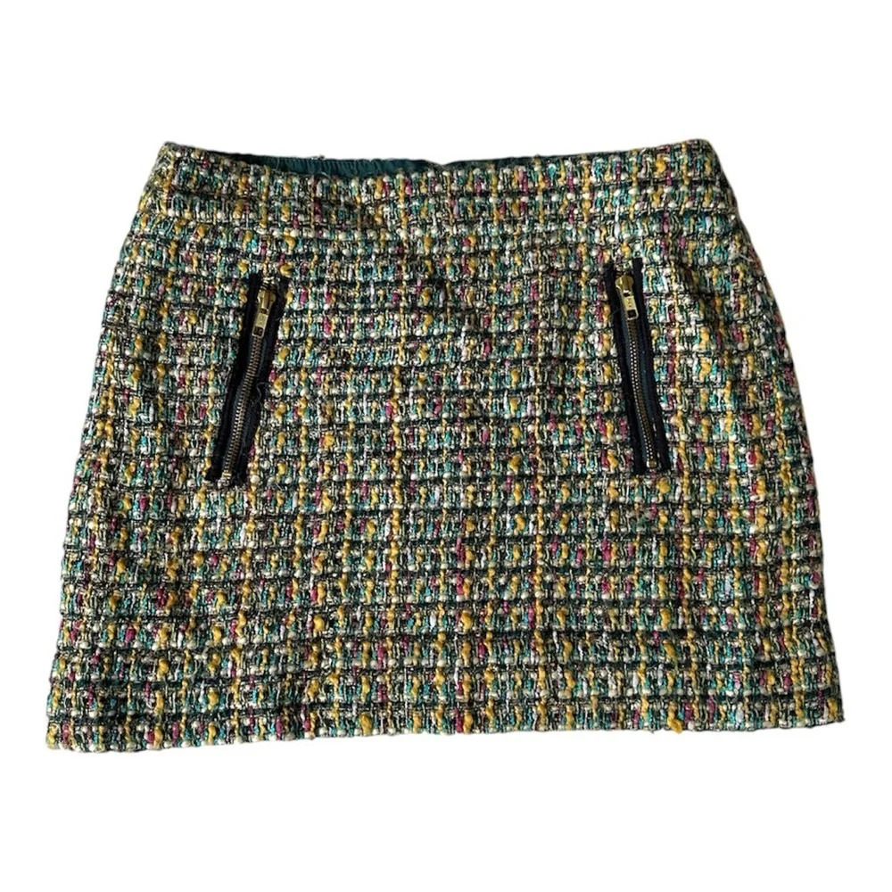 J. Crew Factory Tweed Gold Zip Mini Skirt Size 4 Preppy